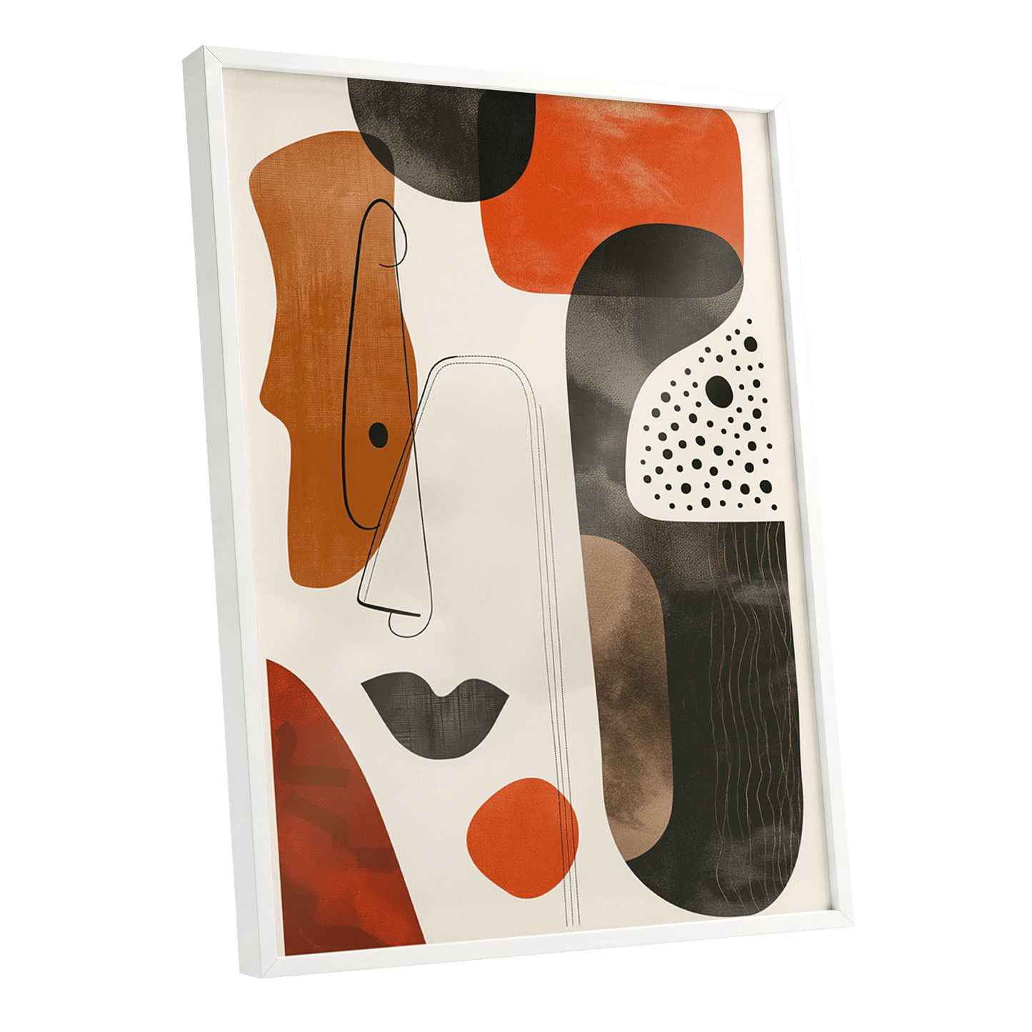 Ember Rhythm, black, beige, orange abstract wall art shown as a white framed poster wall art print