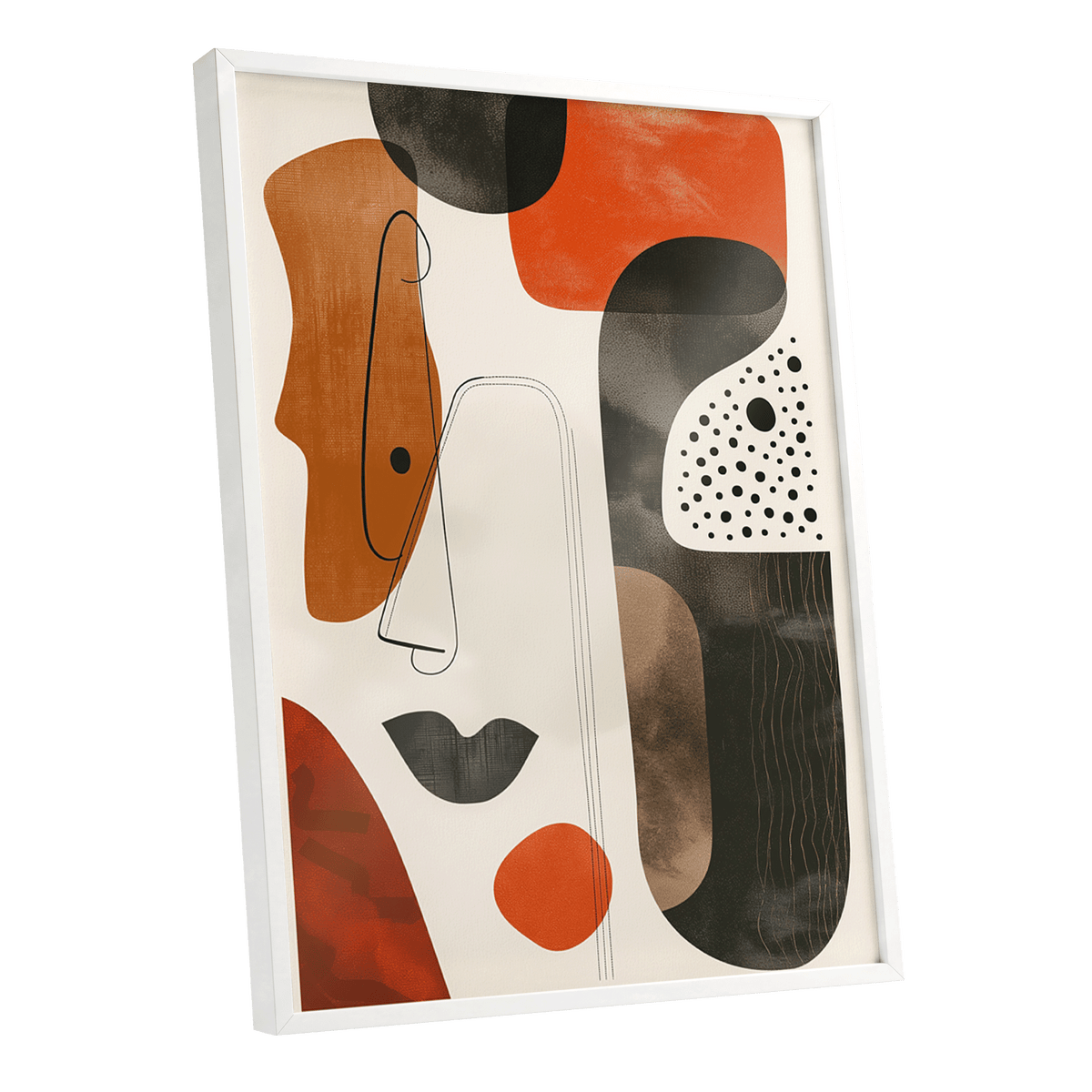 Ember Rhythm, black, beige, orange abstract wall art shown as a white framed poster wall art print