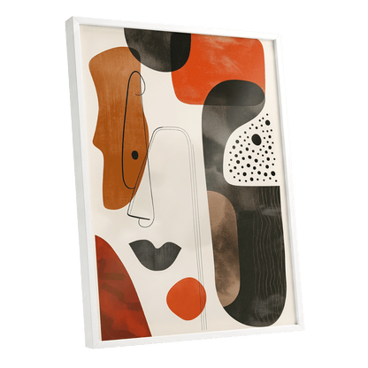 Ember Rhythm, black, beige, orange abstract wall art shown as a white framed poster wall art print