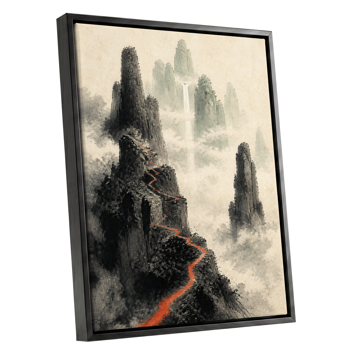 Ember Ridge, black, gray, beige nature wall art shown as a black framed canvas wall art