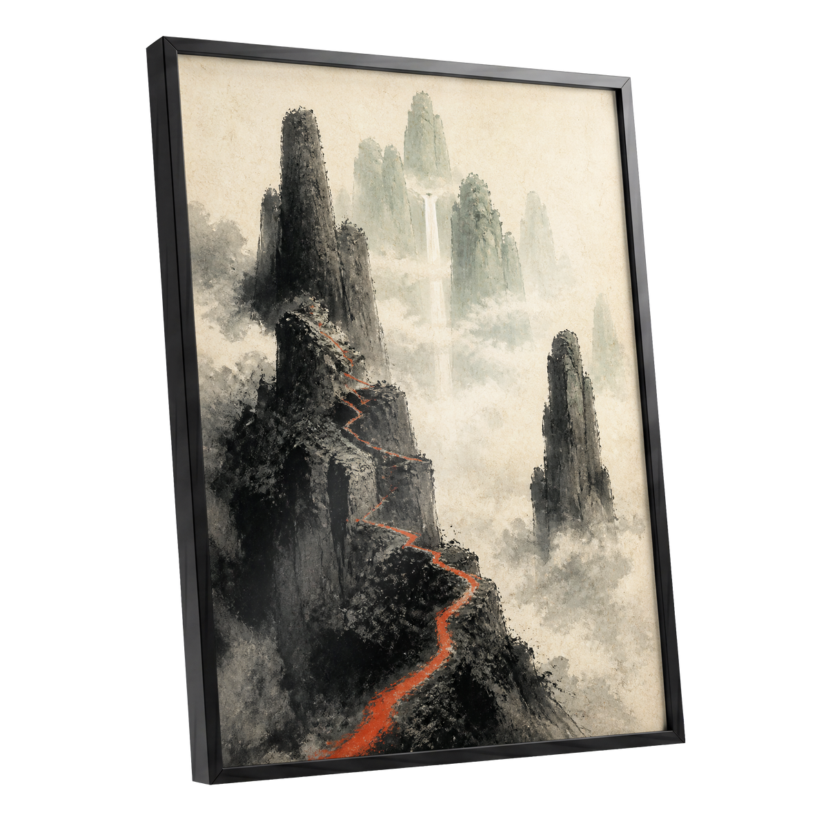 Ember Ridge, black, gray, beige nature wall art shown as a black framed poster wall art print
