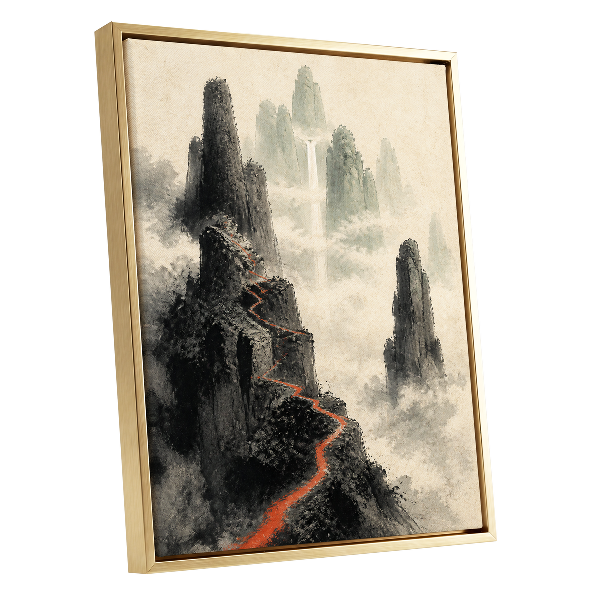 Ember Ridge, black, gray, beige nature wall art shown as a gold framed canvas wall art