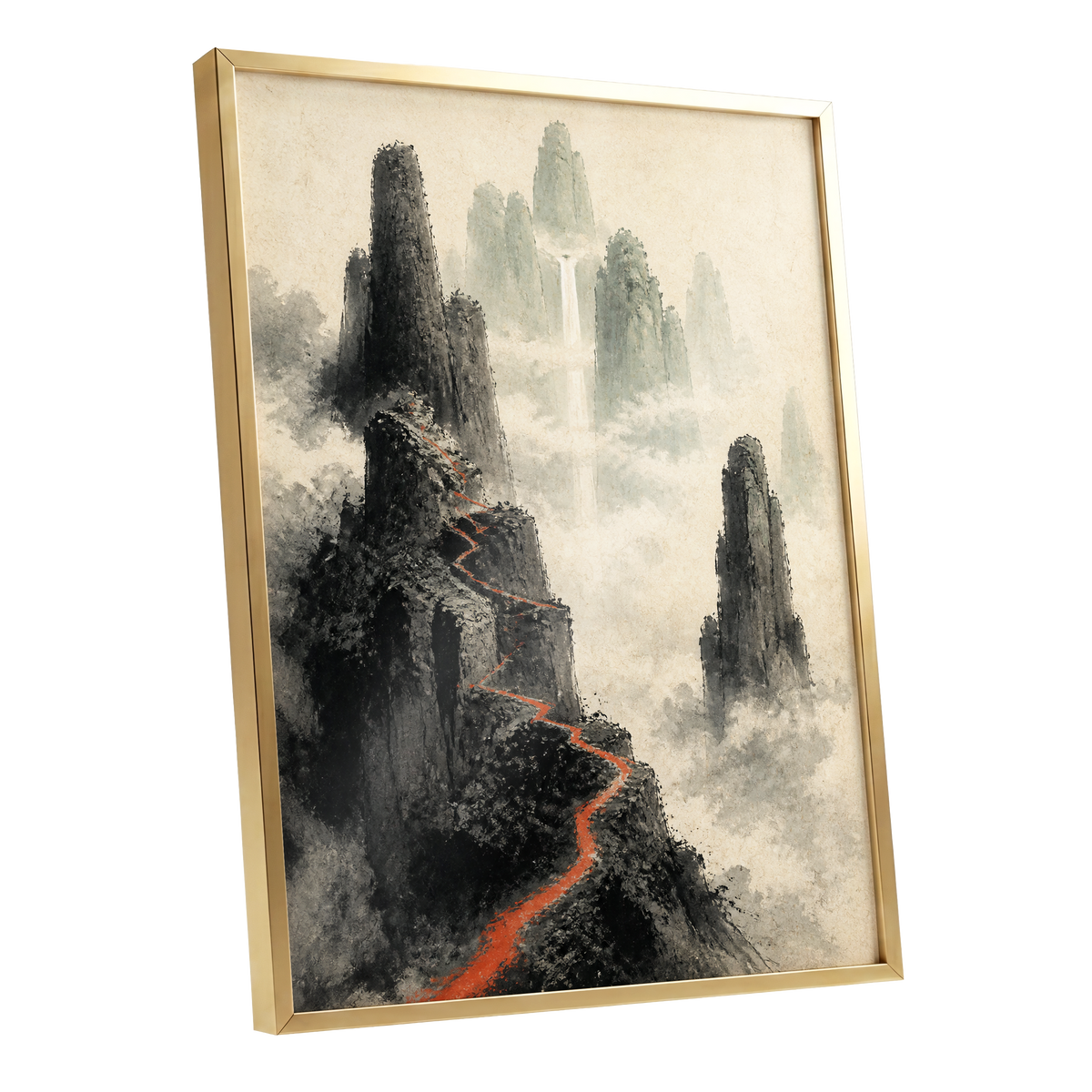 Ember Ridge, black, gray, beige nature wall art shown as a gold framed poster wall art print