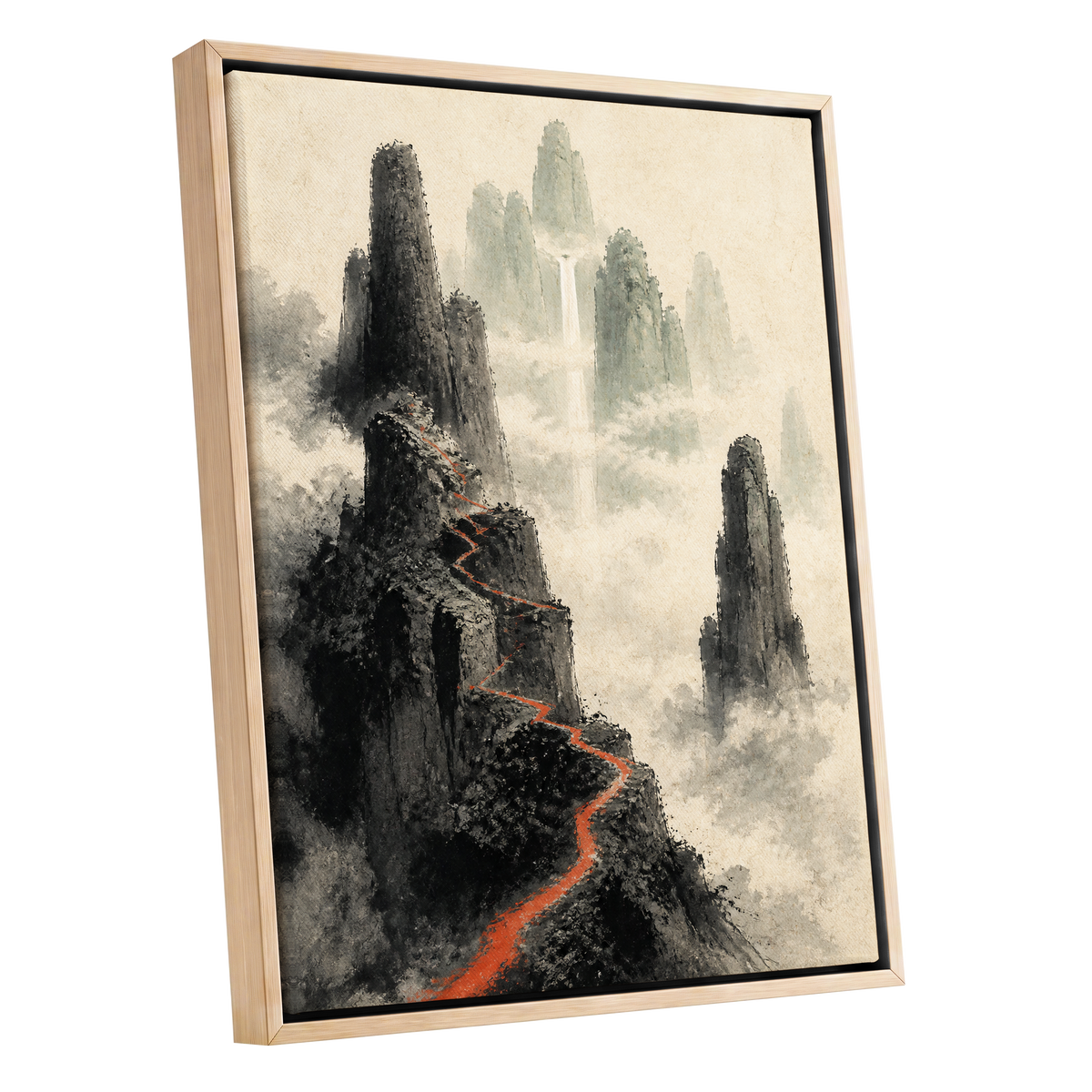Ember Ridge, black, gray, beige nature wall art shown as a oak framed canvas wall art
