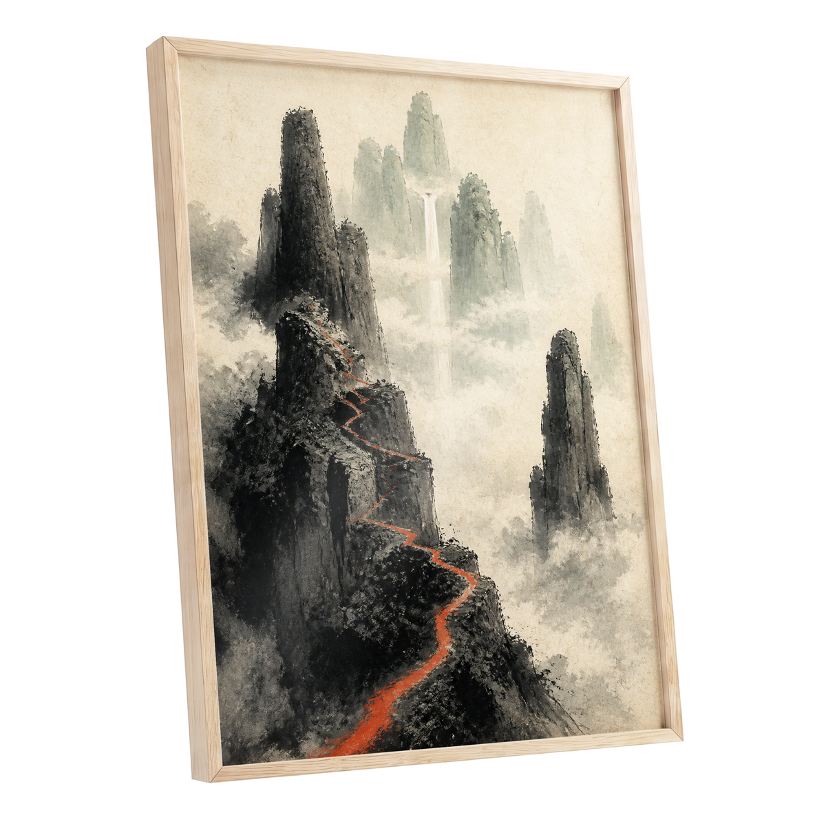 Ember Ridge, black, gray, beige nature wall art shown as a oak framed poster wall art print