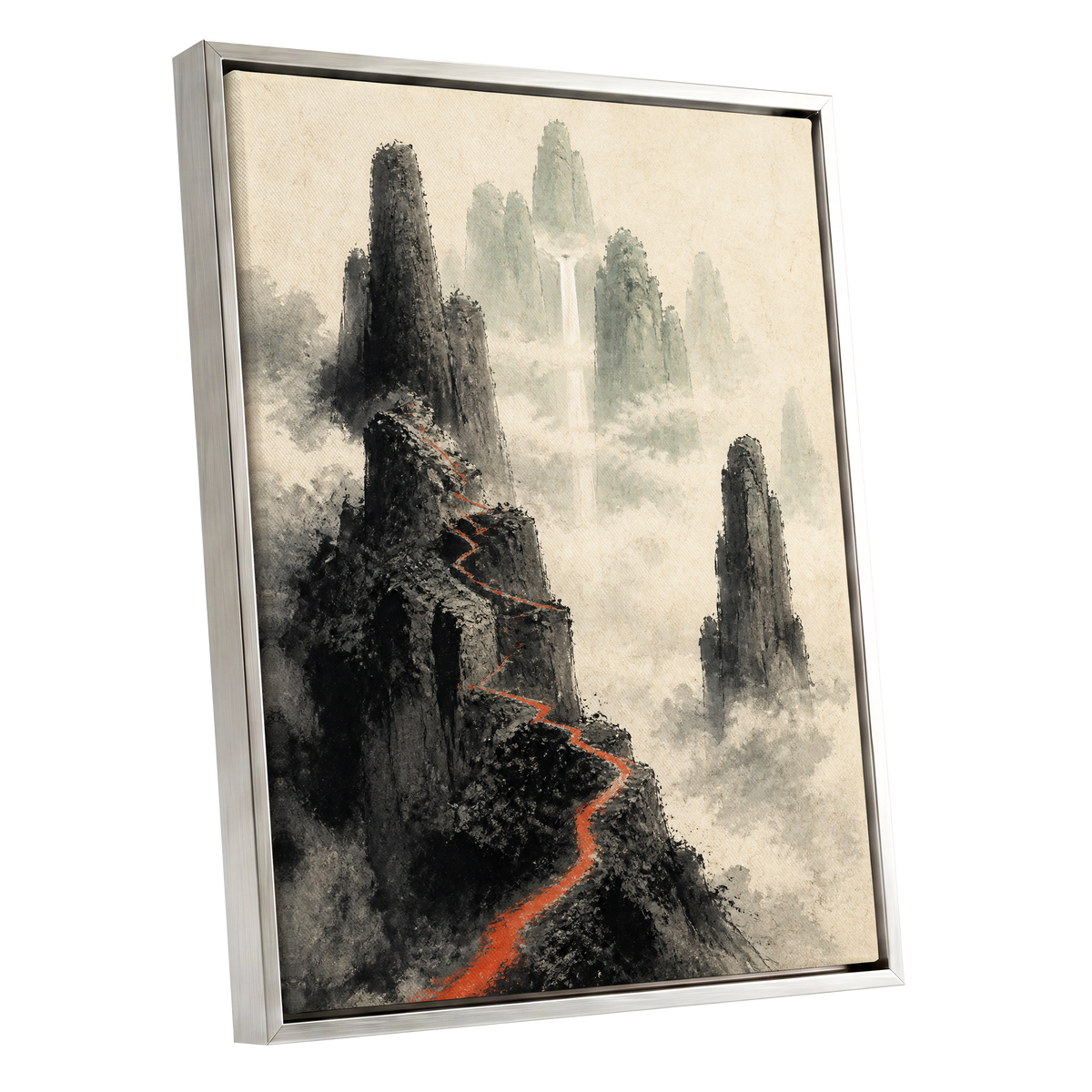 Ember Ridge, black, gray, beige nature wall art shown as a silver framed canvas wall art