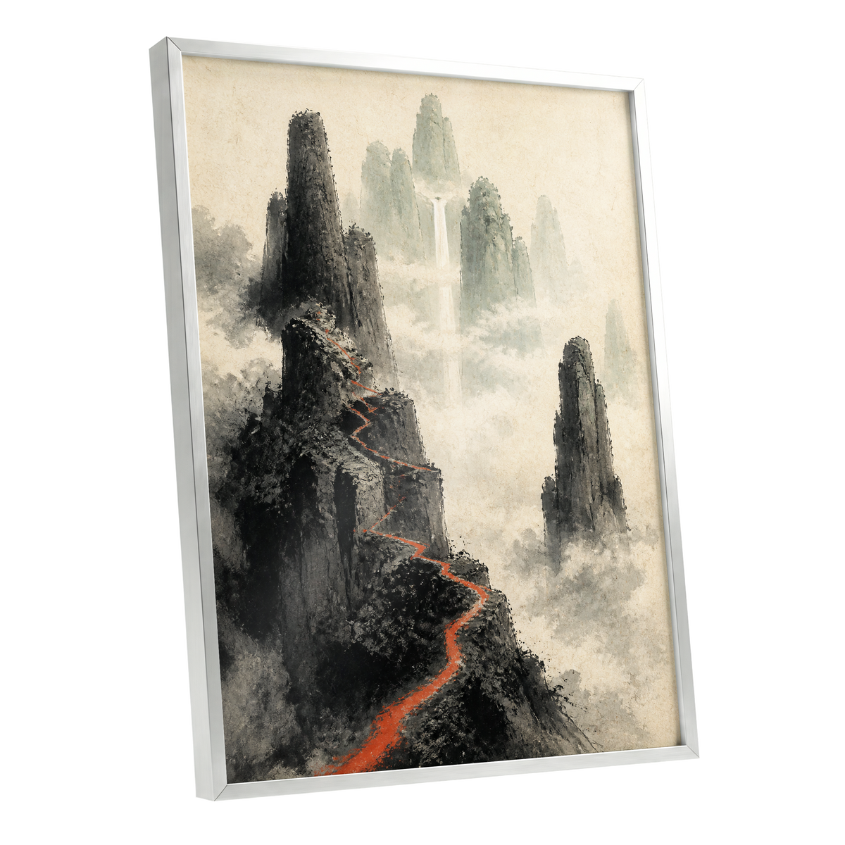Ember Ridge, black, gray, beige nature wall art shown as a silver framed poster wall art print