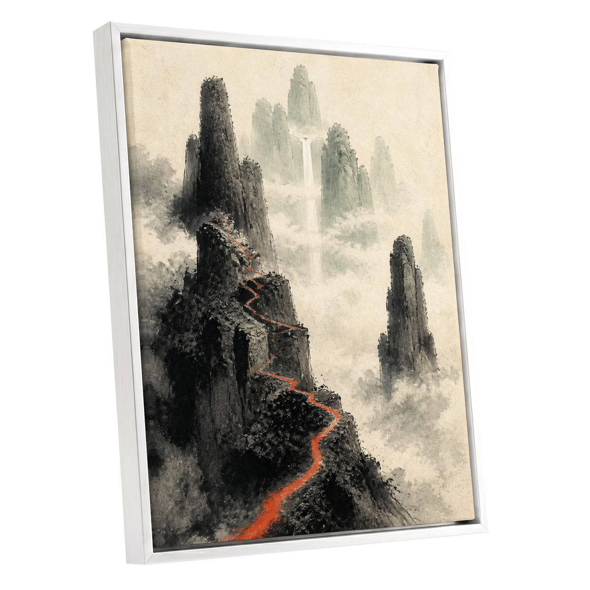 Ember Ridge, black, gray, beige nature wall art shown as a white framed canvas wall art