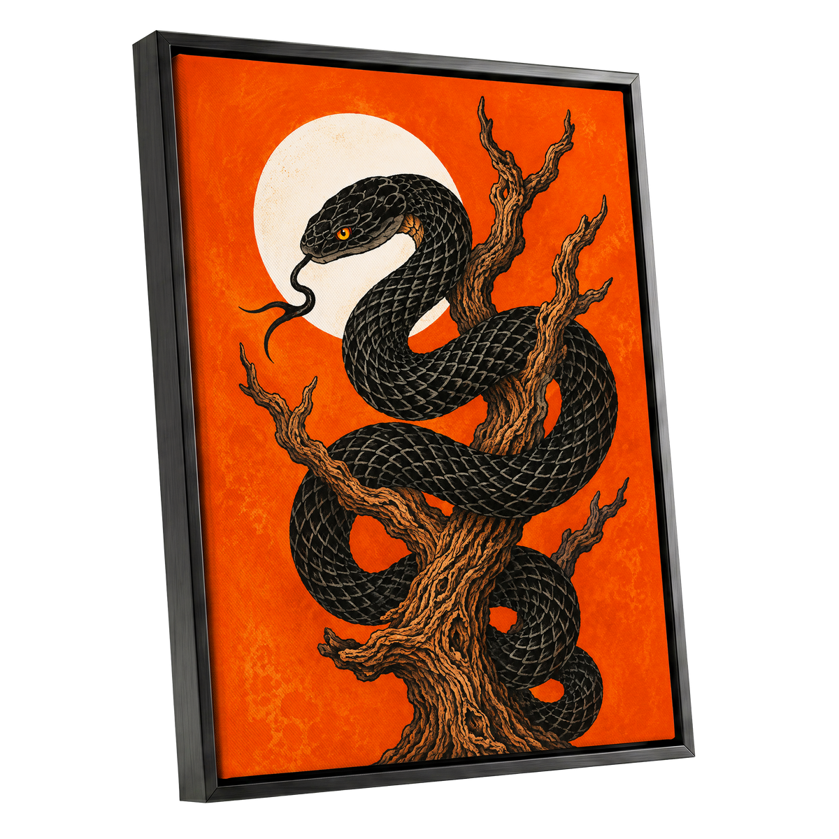 Ember Serpent, black, orange, brown nature wall art shown as a black framed canvas wall art