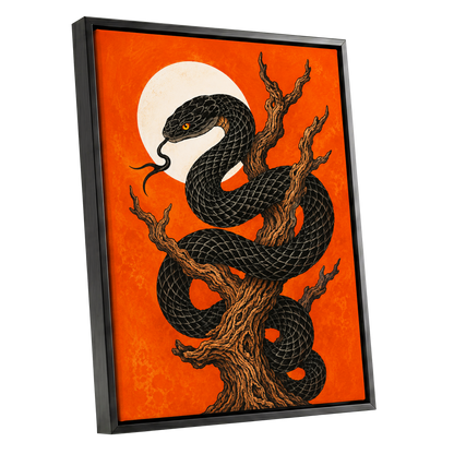 Ember Serpent, black, orange, brown nature wall art shown as a black framed canvas wall art