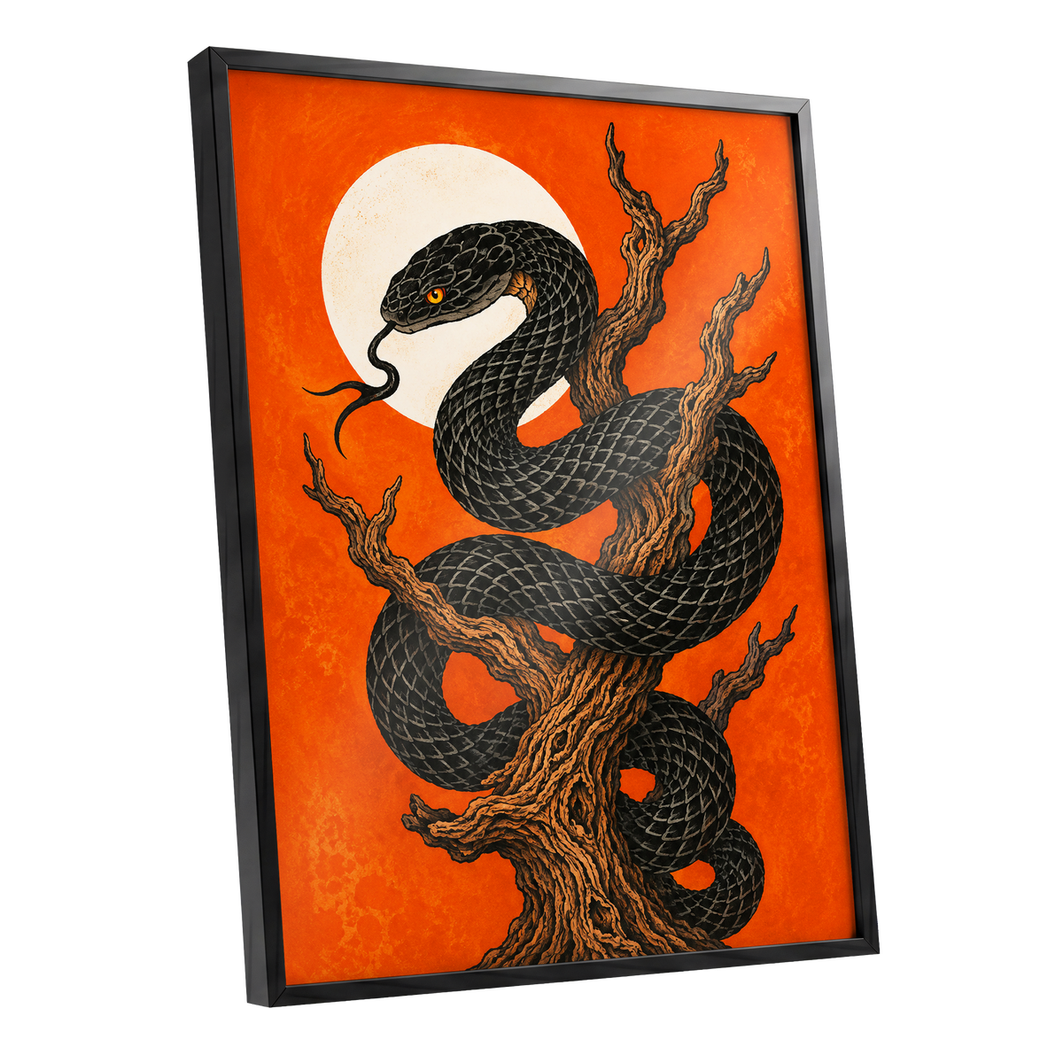 Ember Serpent, black, orange, brown nature wall art shown as a black framed poster wall art print