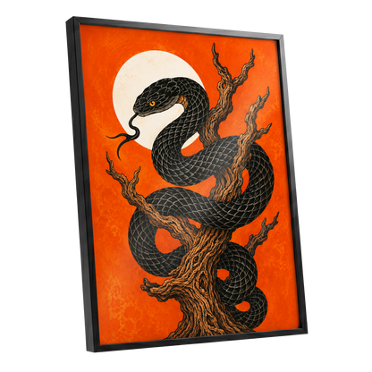 Ember Serpent, black, orange, brown nature wall art shown as a black framed poster wall art print