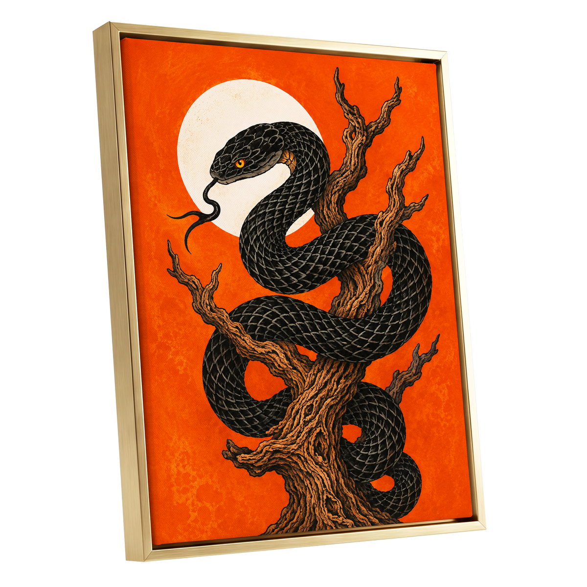 Ember Serpent, black, orange, brown nature wall art shown as a gold framed canvas wall art