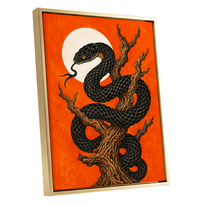 Ember Serpent, black, orange, brown nature wall art shown as a gold framed canvas wall art