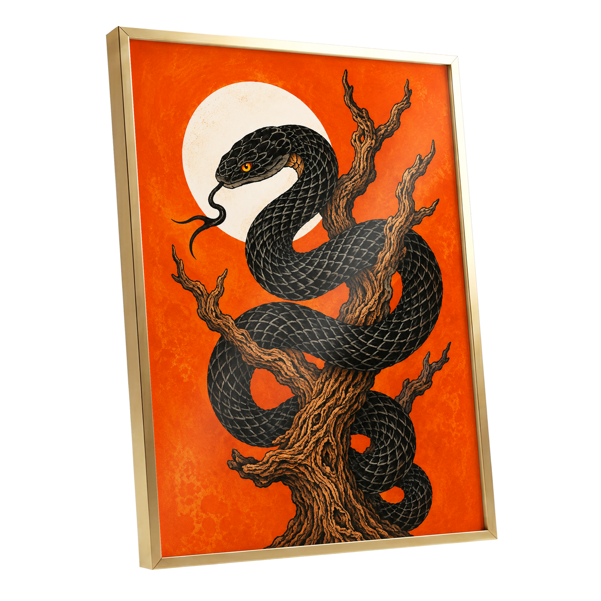 Ember Serpent, black, orange, brown nature wall art shown as a gold framed poster wall art print