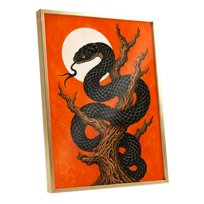 Ember Serpent, black, orange, brown nature wall art shown as a gold framed poster wall art print
