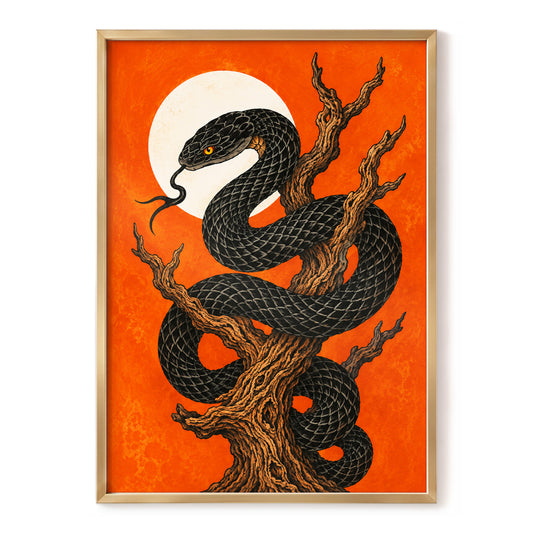 Ember Serpent, black, orange, brown nature wall art, front artwork view