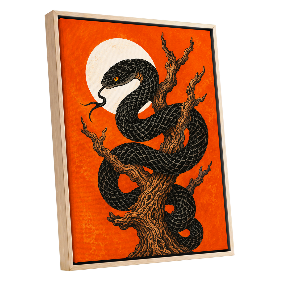 Ember Serpent, black, orange, brown nature wall art shown as a oak framed canvas wall art