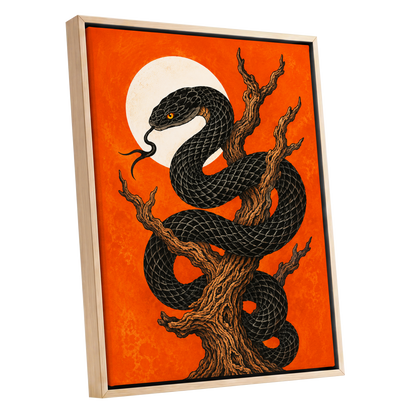 Ember Serpent, black, orange, brown nature wall art shown as a oak framed canvas wall art
