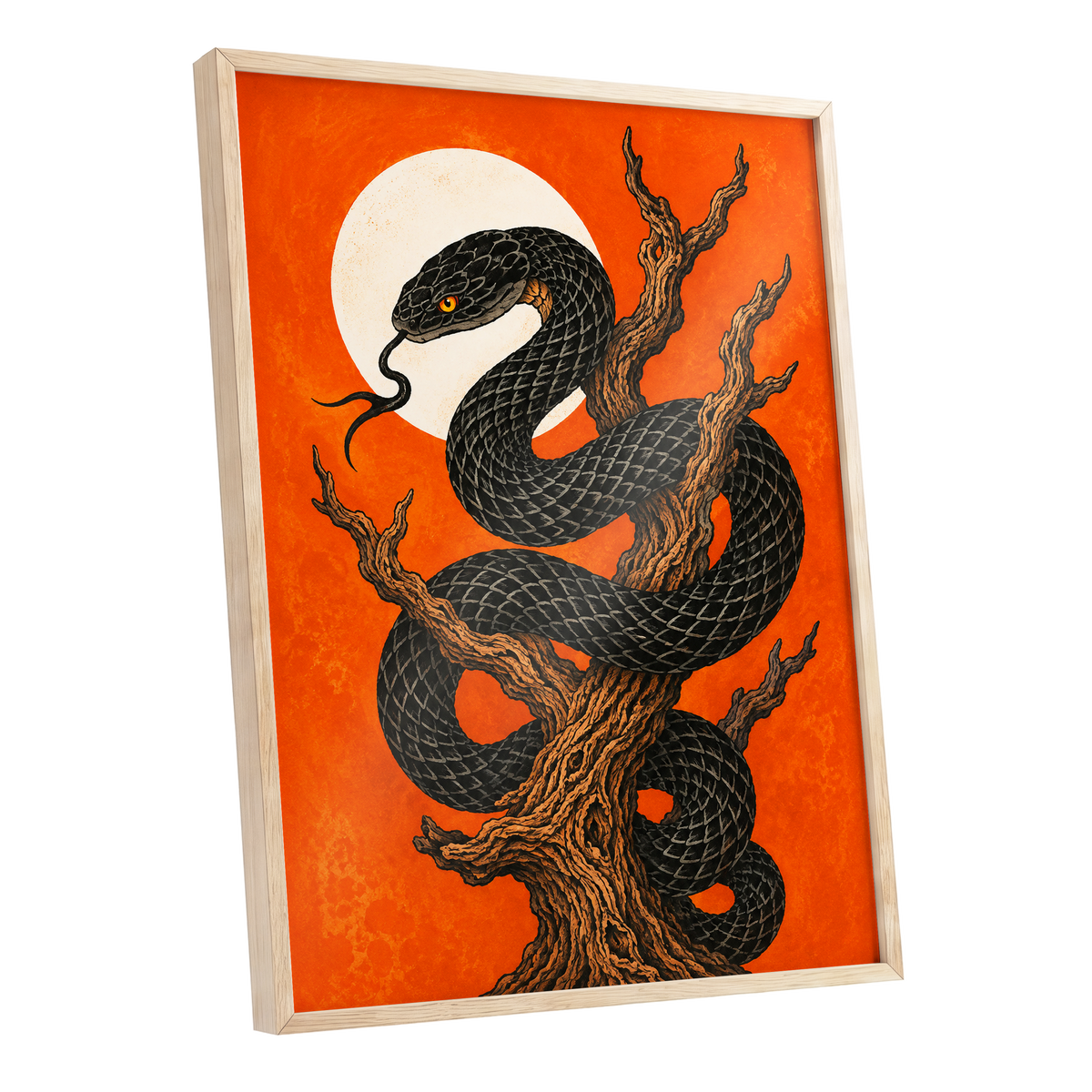 Ember Serpent, black, orange, brown nature wall art shown as a oak framed poster wall art print