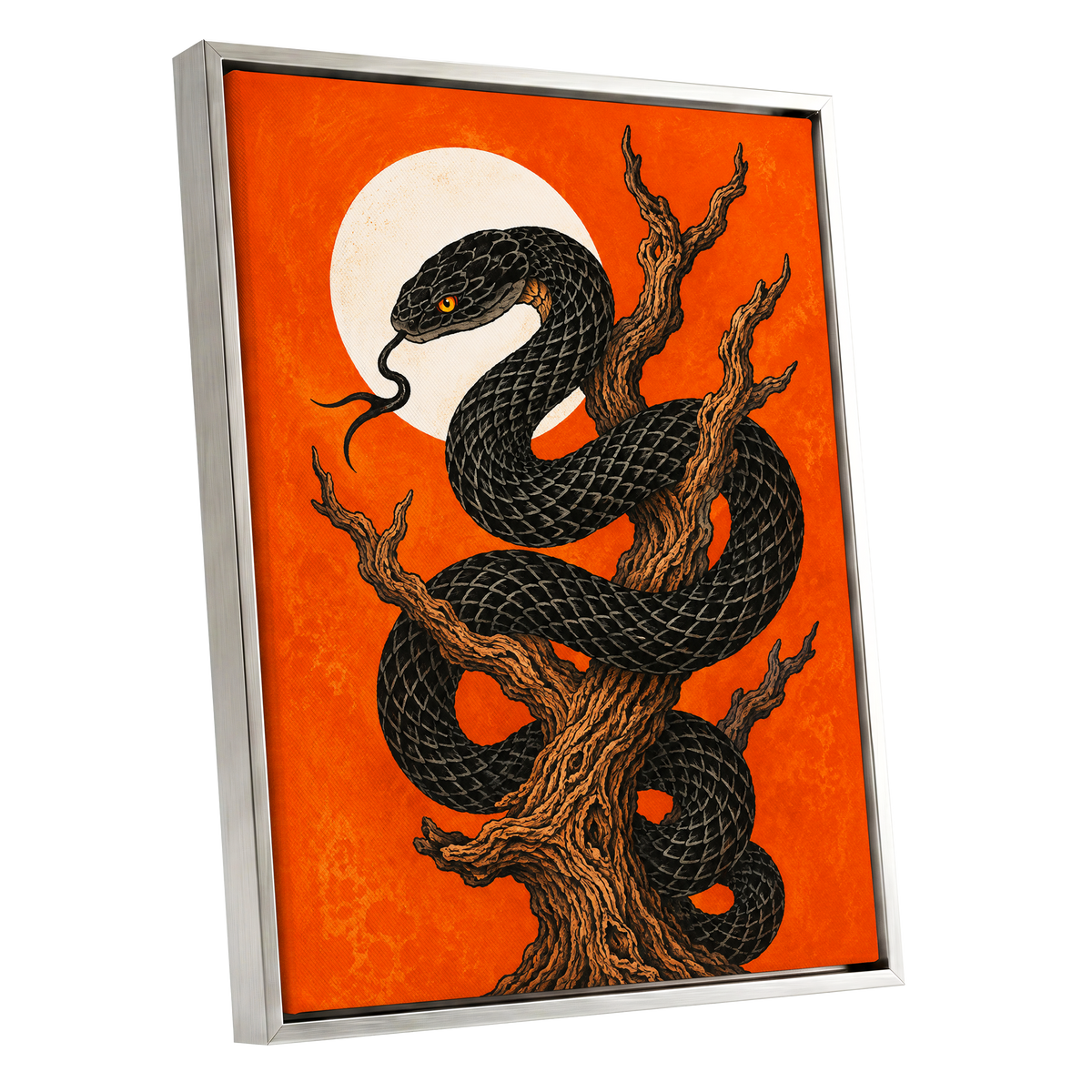 Ember Serpent, black, orange, brown nature wall art shown as a silver framed canvas wall art