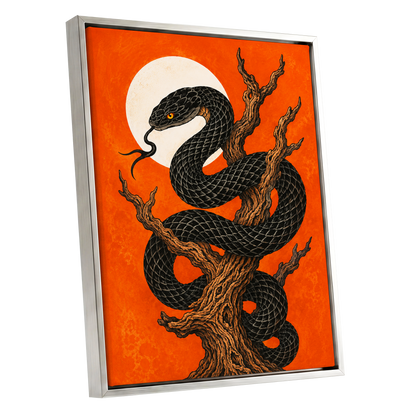 Ember Serpent, black, orange, brown nature wall art shown as a silver framed canvas wall art