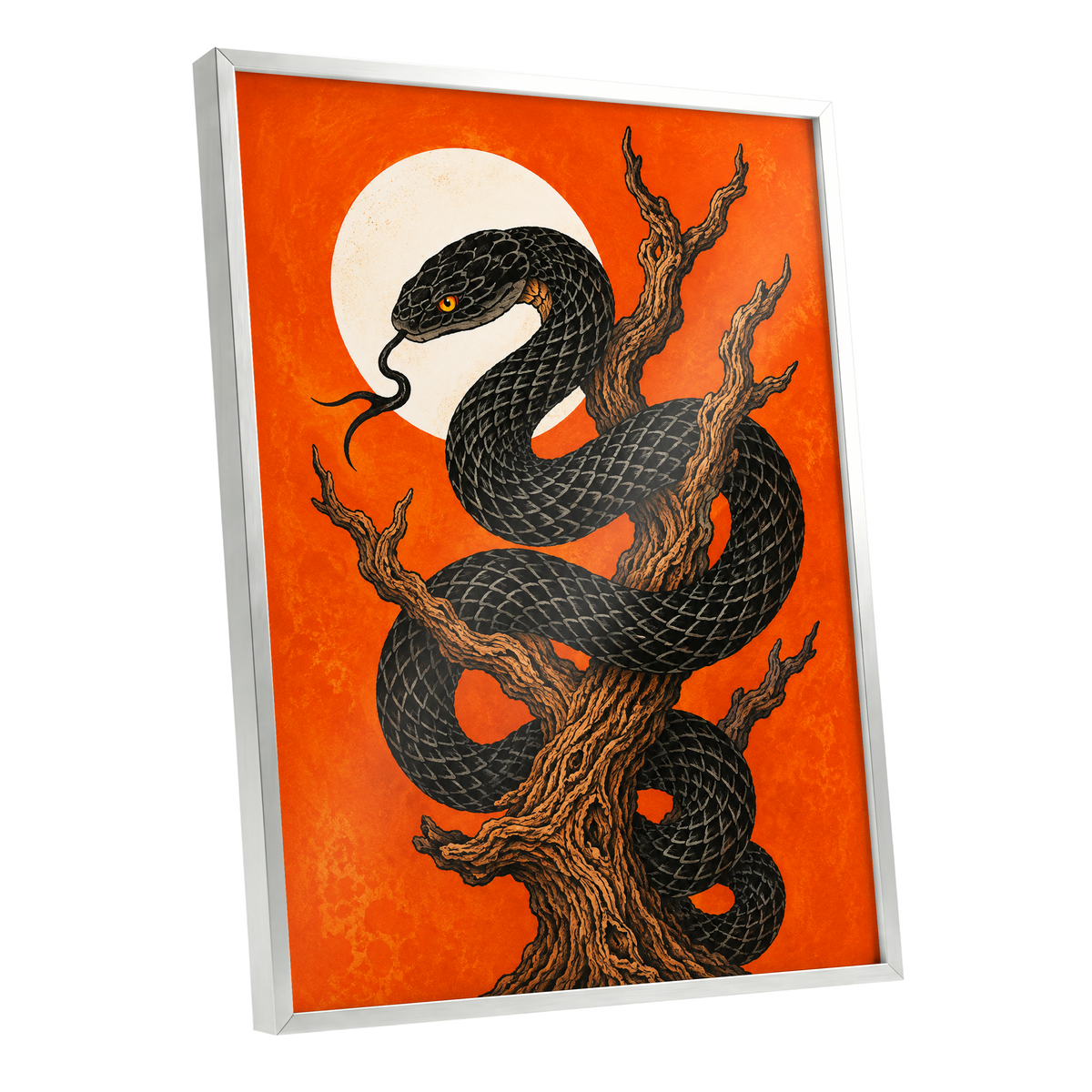 Ember Serpent, black, orange, brown nature wall art shown as a silver framed poster wall art print