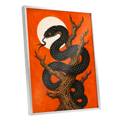 Ember Serpent, black, orange, brown nature wall art shown as a silver framed poster wall art print