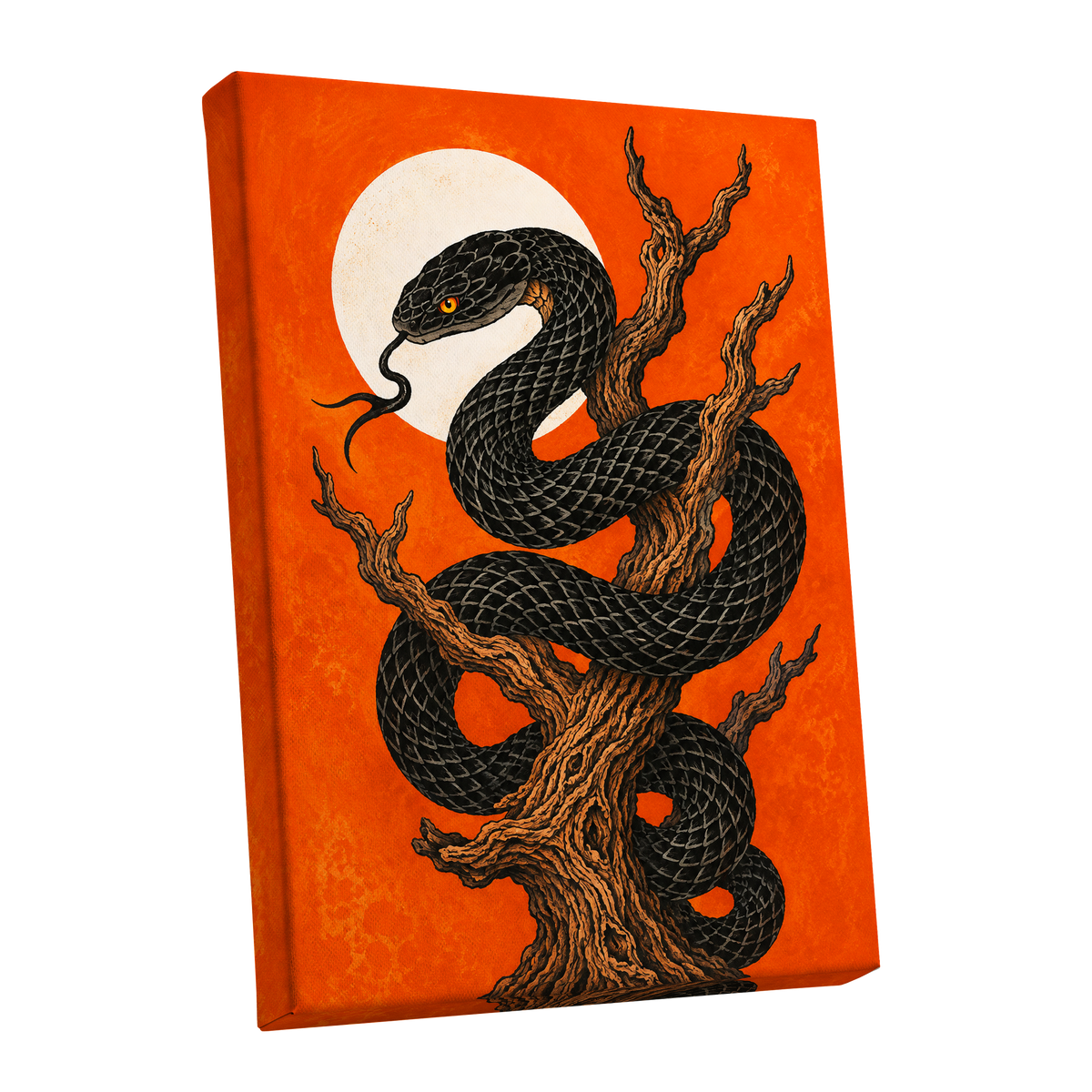 Ember Serpent, black, orange, brown nature wall art shown as a stretched canvas wall art