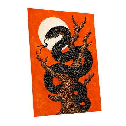 Ember Serpent, black, orange, brown nature wall art shown as a unframed poster wall art print