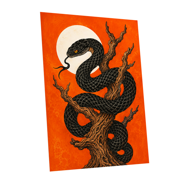 Ember Serpent, black, orange, brown nature wall art shown as a unframed poster wall art print