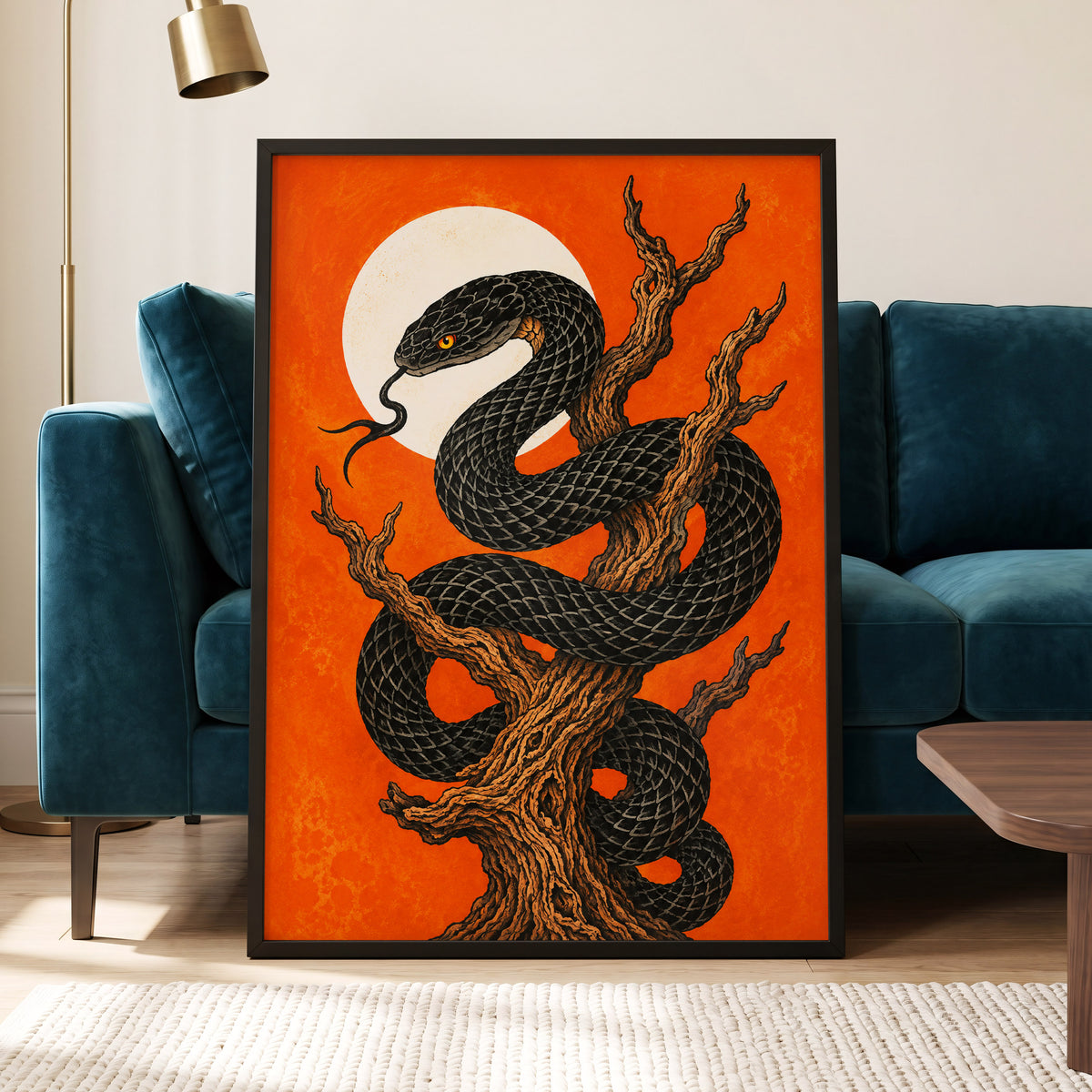 Ember Serpent, black, orange, brown nature wall art displayed in a styled interior, gallery view 2