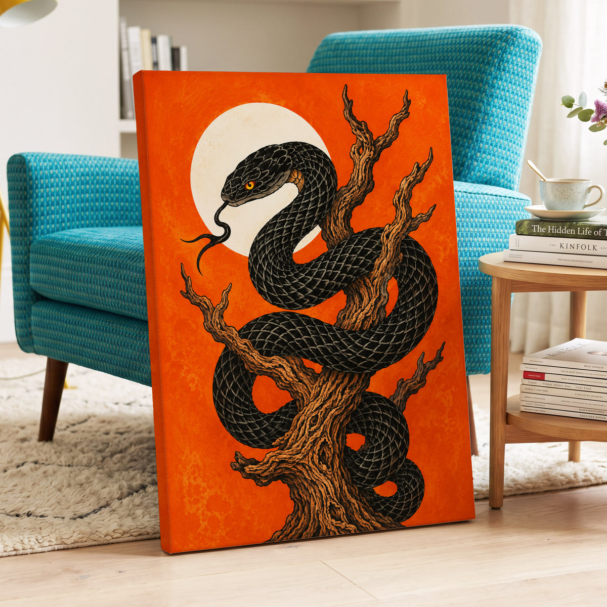 Ember Serpent, black, orange, brown nature wall art displayed in a styled interior, gallery view 3
