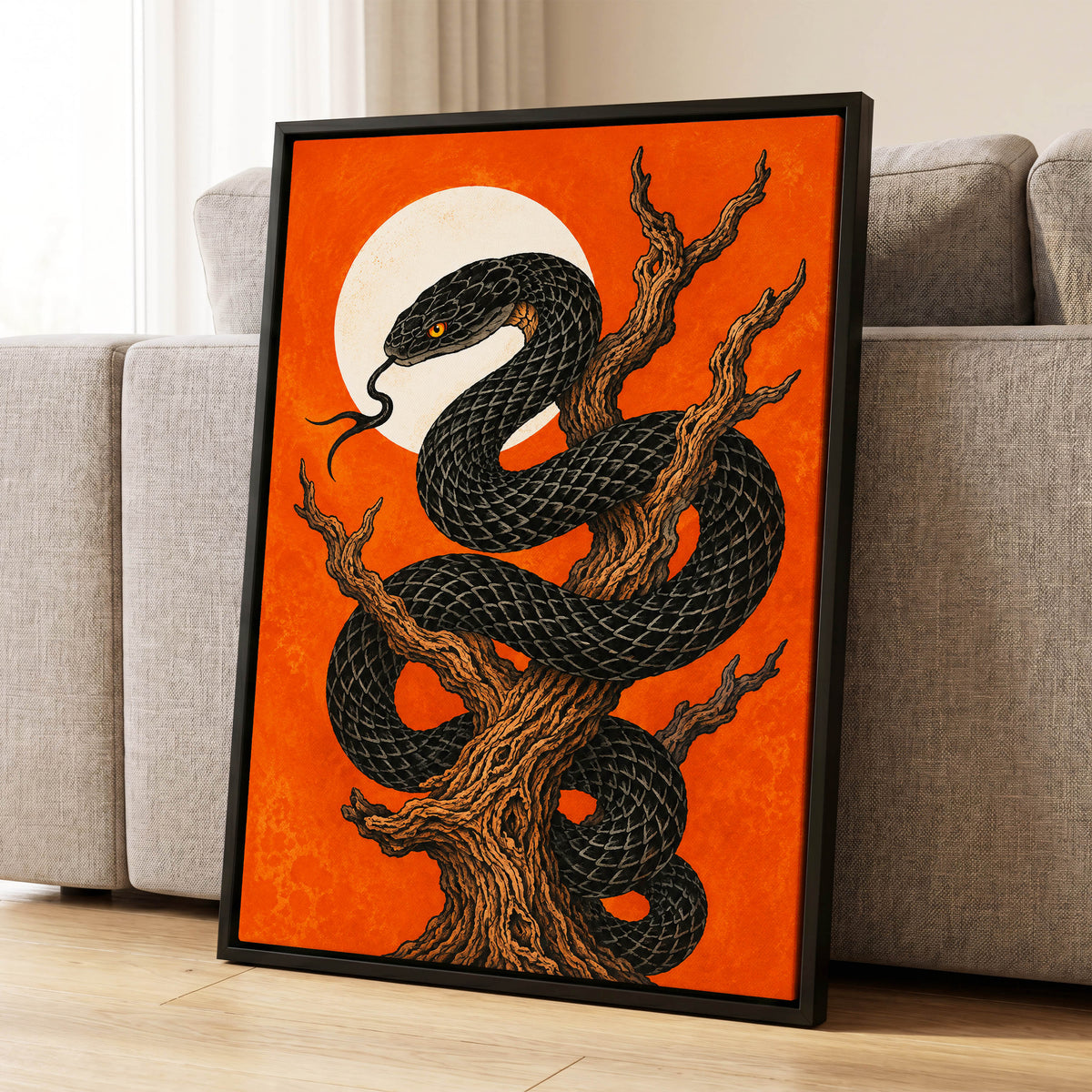 Ember Serpent, black, orange, brown nature wall art displayed in a styled interior, gallery view 4