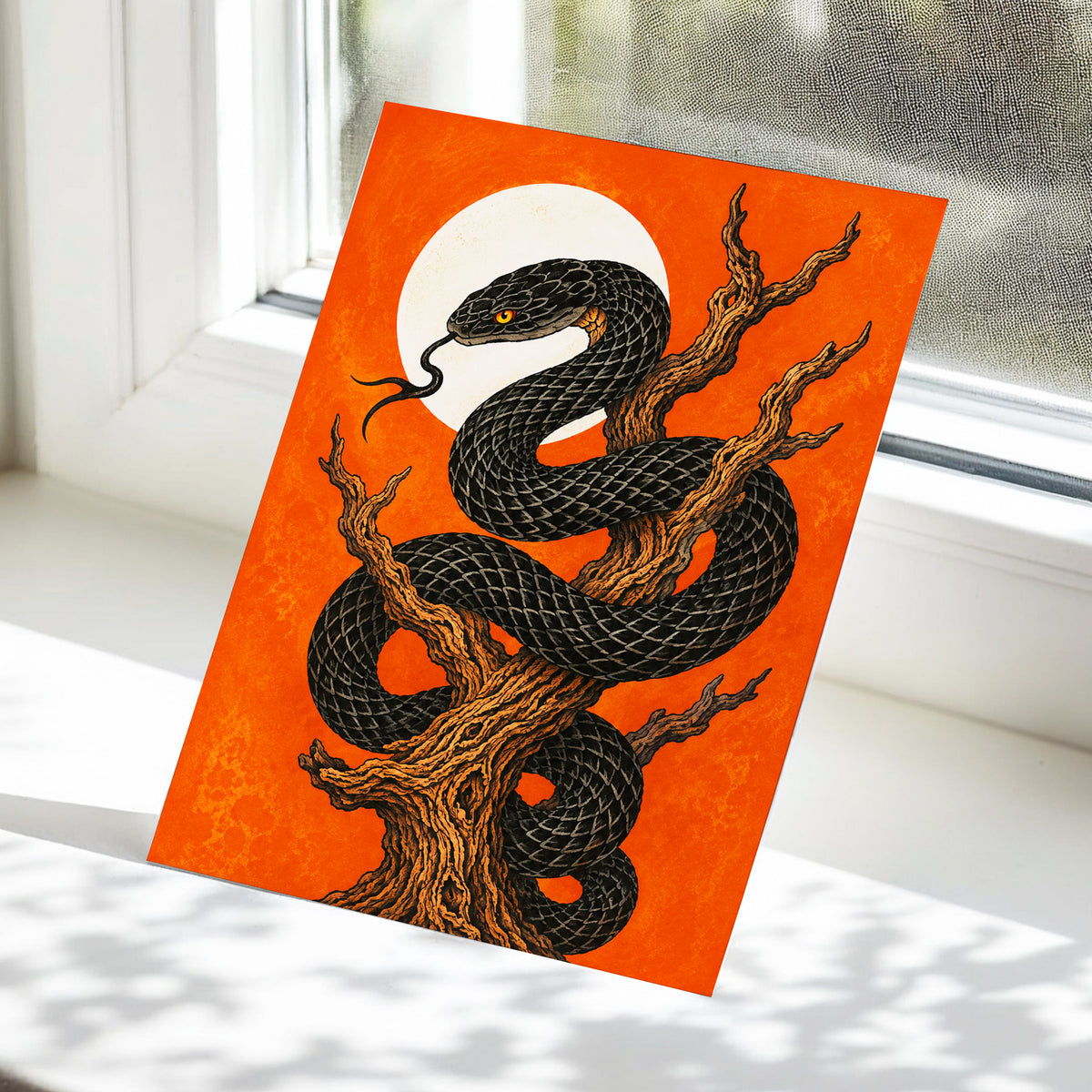 Ember Serpent, black, orange, brown nature wall art displayed in a styled interior, gallery view 5