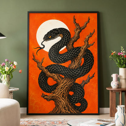 Ember Serpent, black, orange, brown nature wall art displayed in a styled interior, gallery view 6