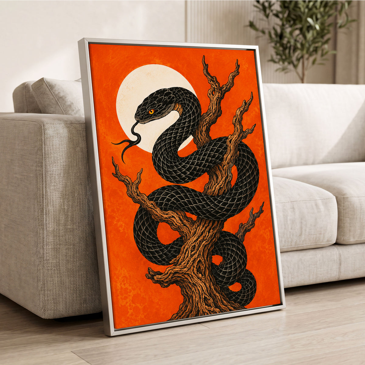Ember Serpent, black, orange, brown nature wall art displayed in a styled interior, gallery view 8