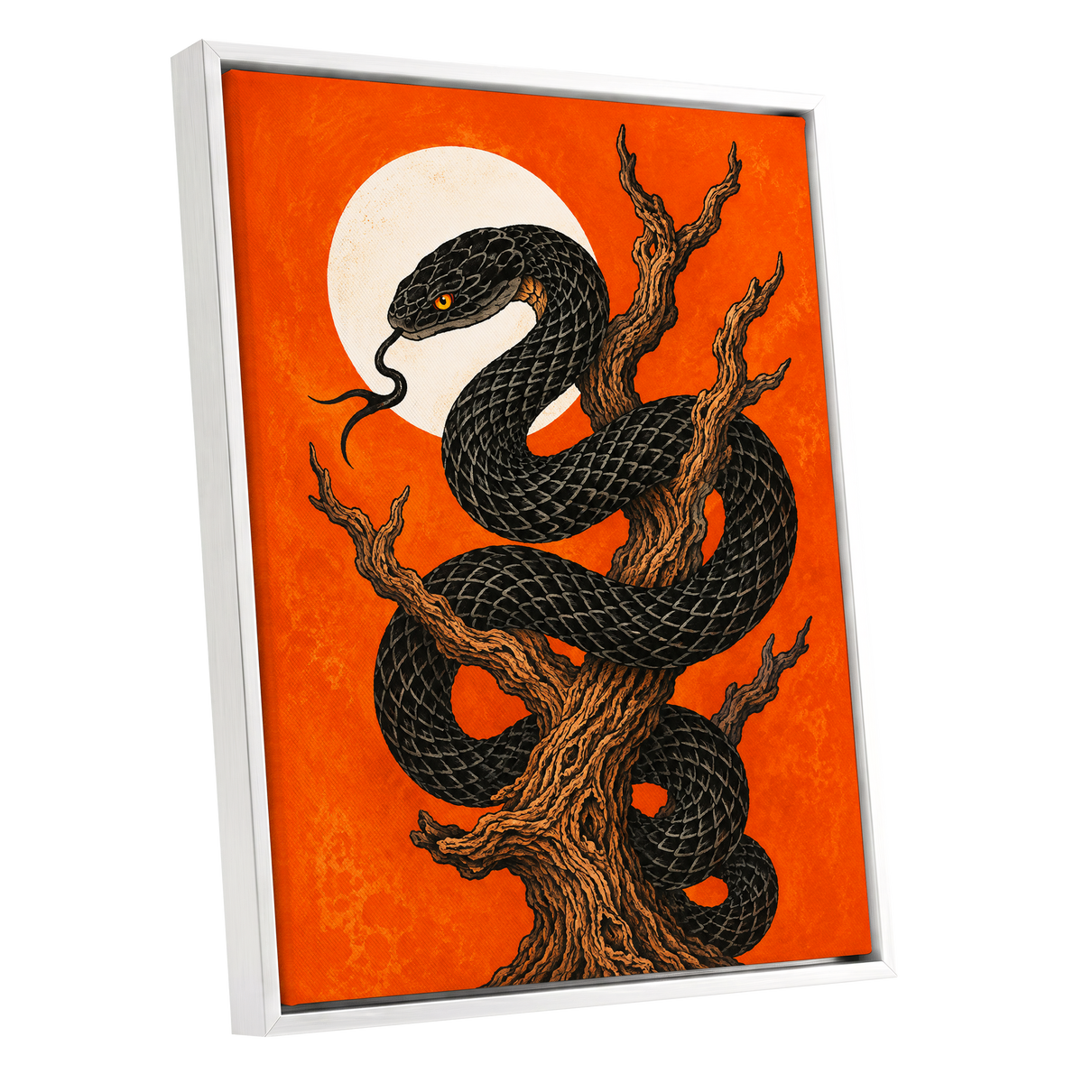 Ember Serpent, black, orange, brown nature wall art shown as a white framed canvas wall art