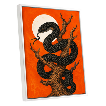 Ember Serpent, black, orange, brown nature wall art shown as a white framed canvas wall art