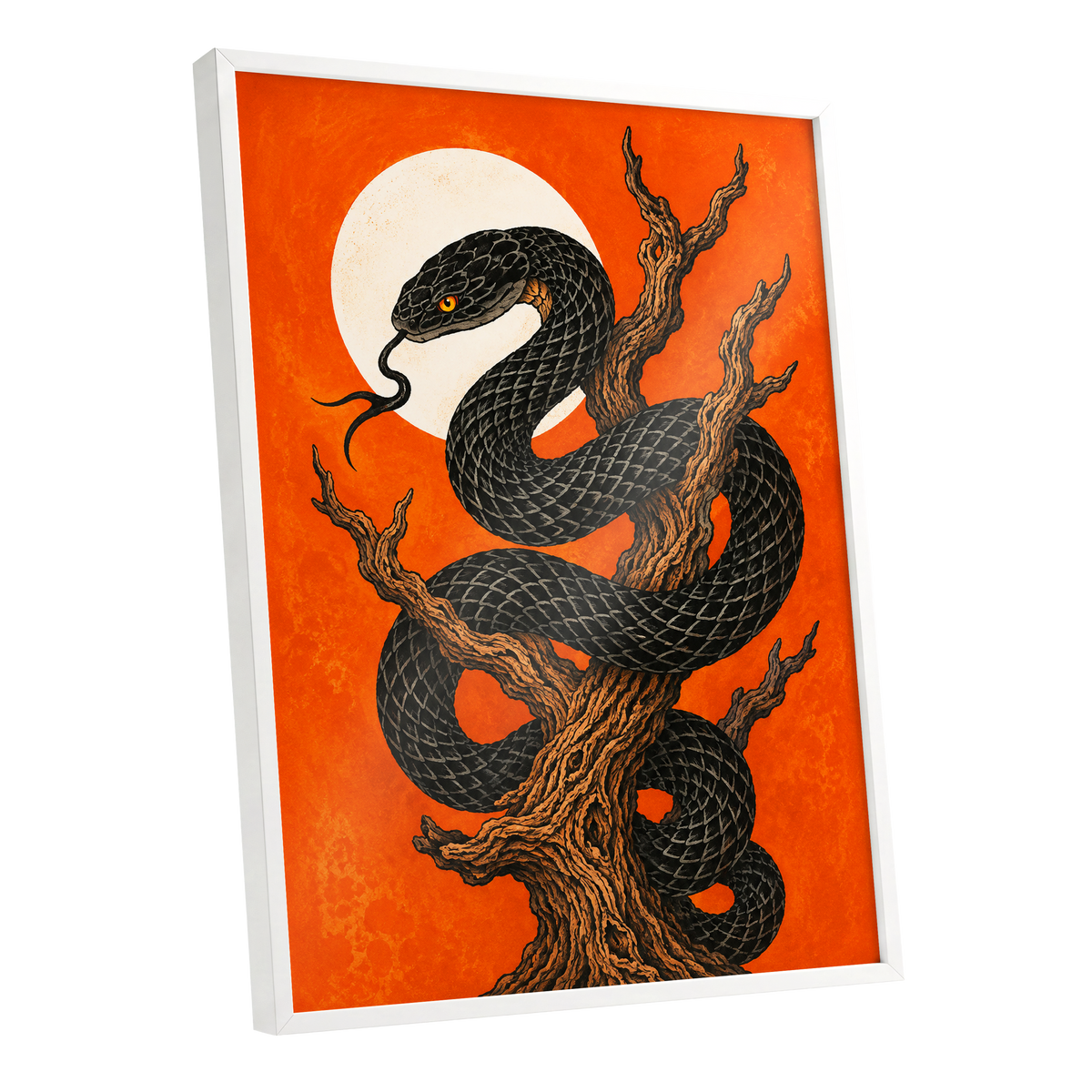 Ember Serpent, black, orange, brown nature wall art shown as a white framed poster wall art print