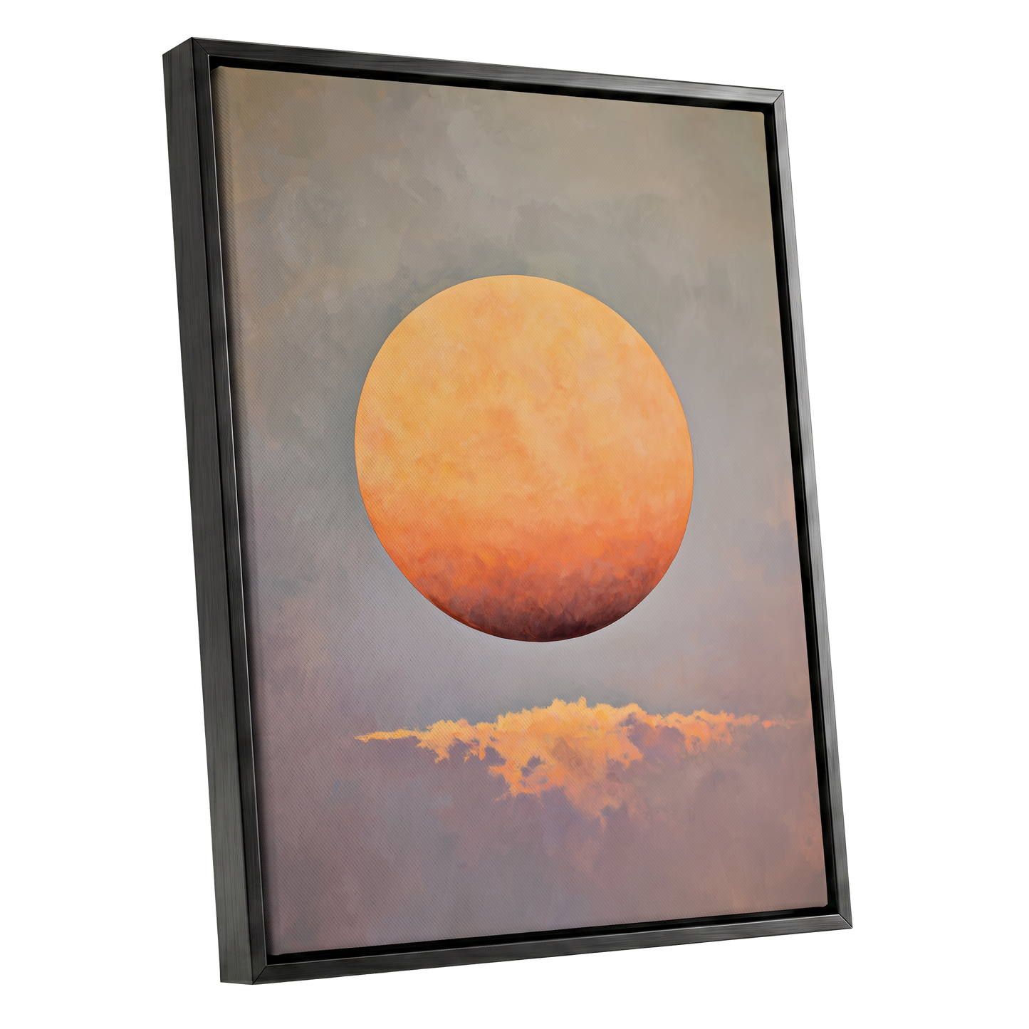 Ember Sphere, orange, gold, gray nature wall art shown as a black framed canvas wall art