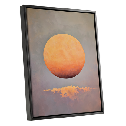 Ember Sphere, orange, gold, gray nature wall art shown as a black framed canvas wall art