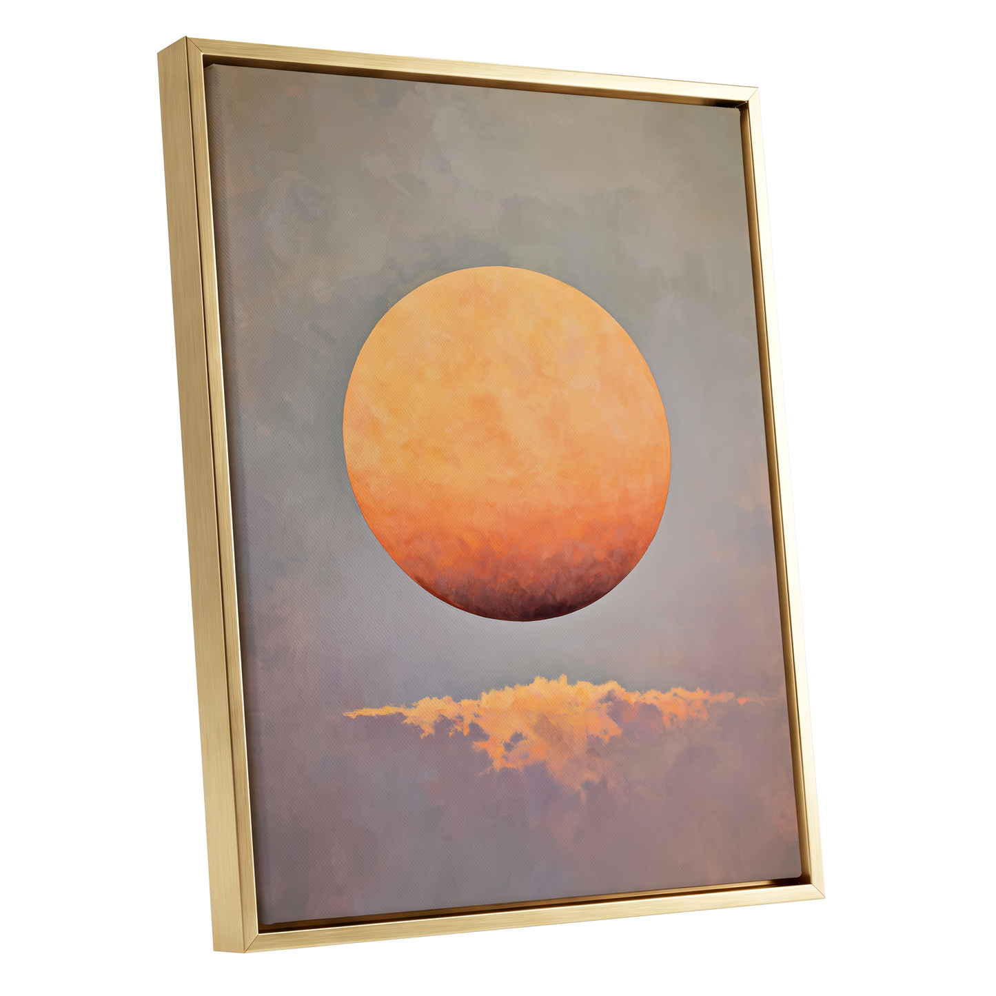 Ember Sphere, orange, gold, gray nature wall art shown as a gold framed canvas wall art