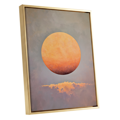 Ember Sphere, orange, gold, gray nature wall art shown as a gold framed canvas wall art
