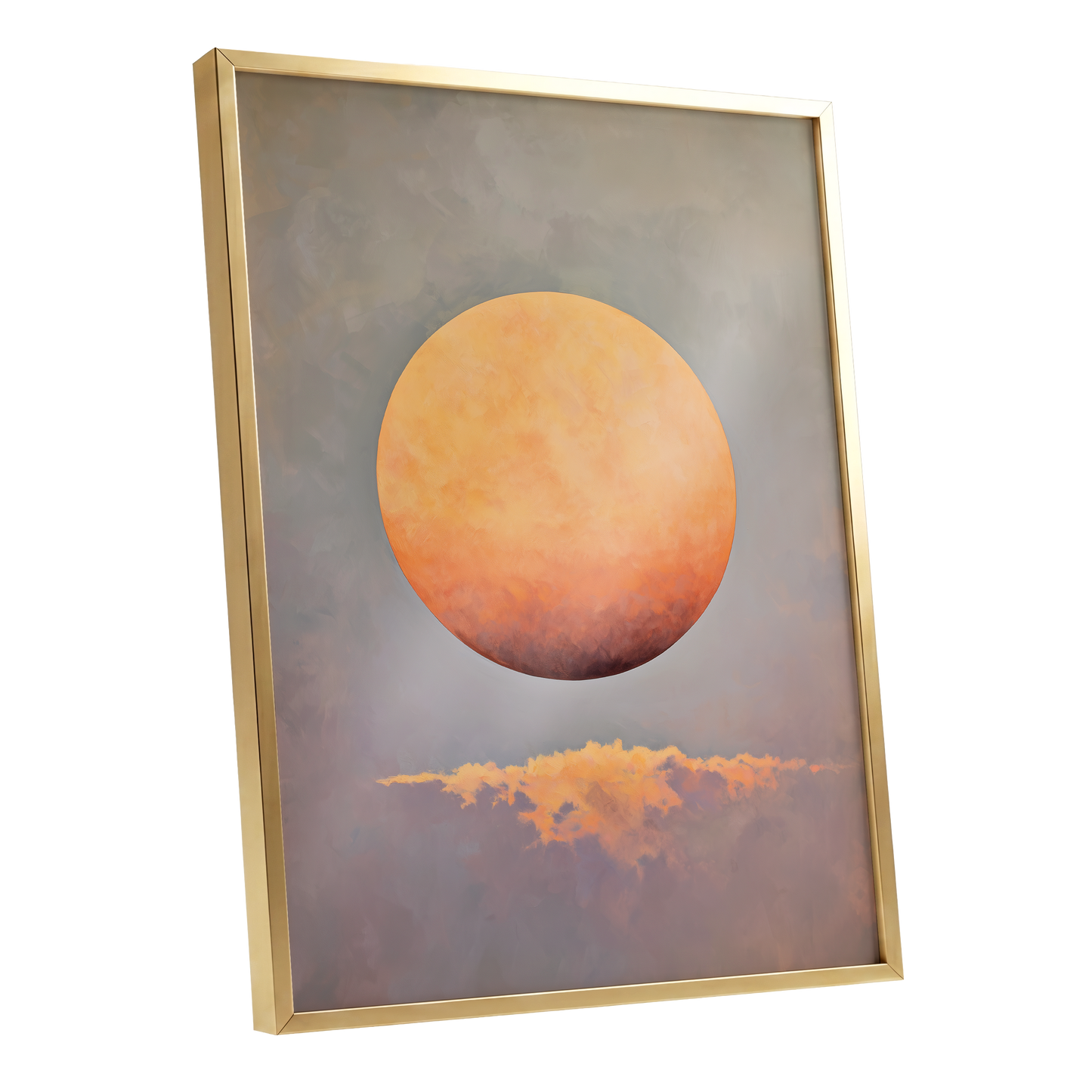 Ember Sphere, orange, gold, gray nature wall art shown as a gold framed poster wall art print