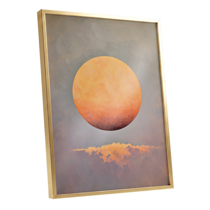 Ember Sphere, orange, gold, gray nature wall art shown as a gold framed poster wall art print