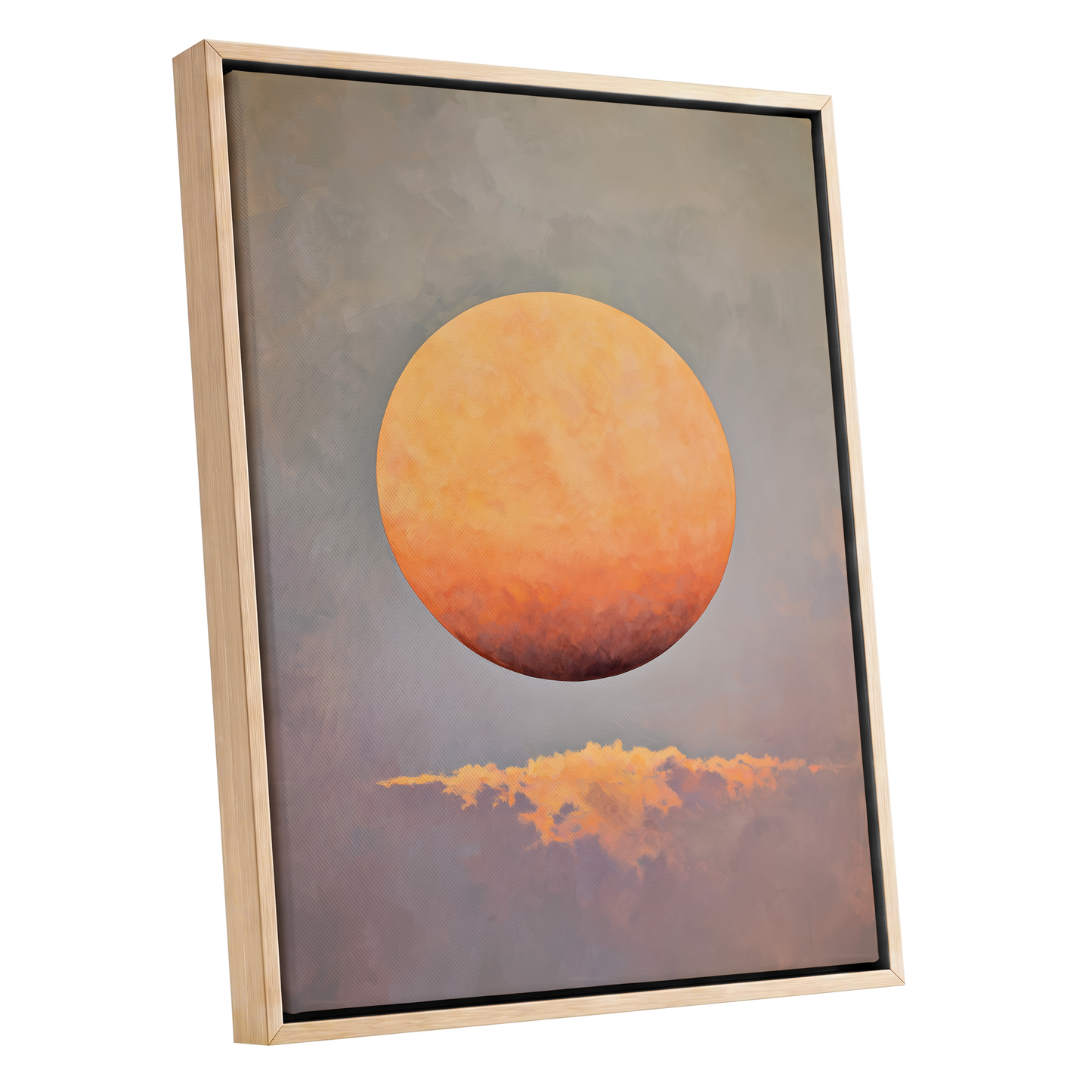 Ember Sphere, orange, gold, gray nature wall art shown as a oak framed canvas wall art