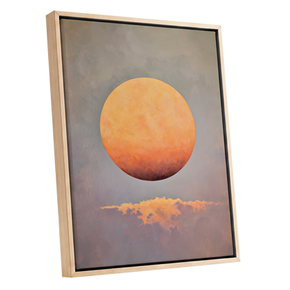 Ember Sphere, orange, gold, gray nature wall art shown as a oak framed canvas wall art