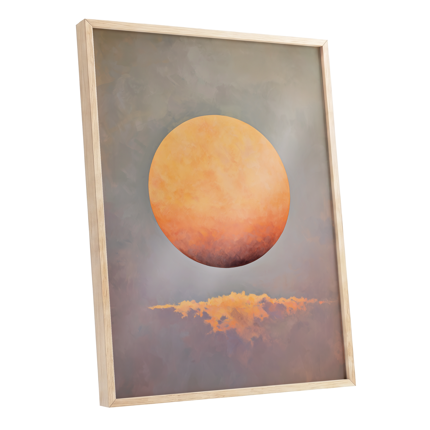 Ember Sphere, orange, gold, gray nature wall art shown as a oak framed poster wall art print