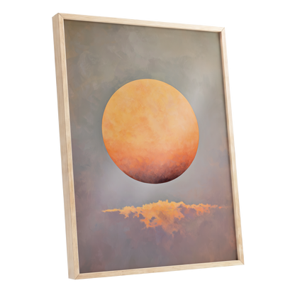 Ember Sphere, orange, gold, gray nature wall art shown as a oak framed poster wall art print
